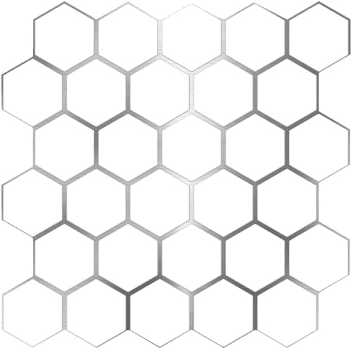 24-Pack of 8 x 8 Wallpaper Tiles in White Silver Hexagon Design for Kitchen Backsplash. Peel and Stick Renter Friendly Backsplash. Self Stick Paper Wall Tiles for Your Home