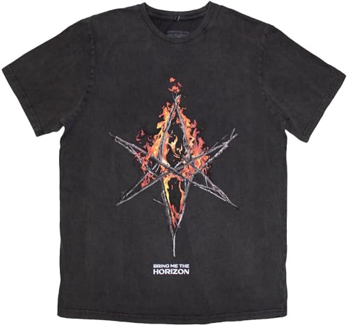 Bring Me The Horizon Flame Hex and Text Logo Snow Wash T-Shirt, Schwarz, Medium
