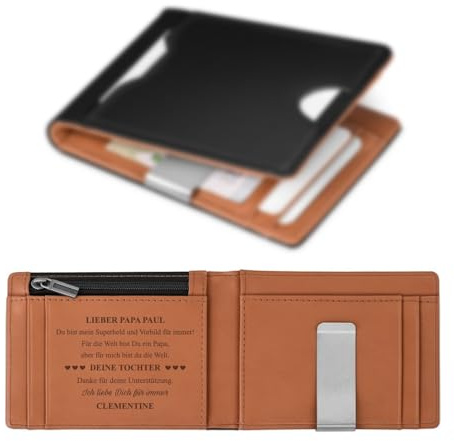 Maverton Slim Wallet mit Gravur, Herrengeldbörse mit Münzfach für 9 Karte | Aus echtem Rindsleder, schwarz-braun, 9 Kartenfächer, Geschenke für Männer, Vatertagsgeschenk