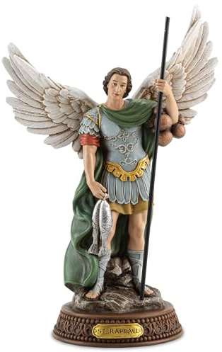 DevotedWalls Statue des Heiligen Raphael, 30,5 cm hoch, farbig bemalt, Engel St. Raphael mit Namensschild auf Basis, Reiseschutz, Schutzpatron, Erzengel, Heiliger Raphael