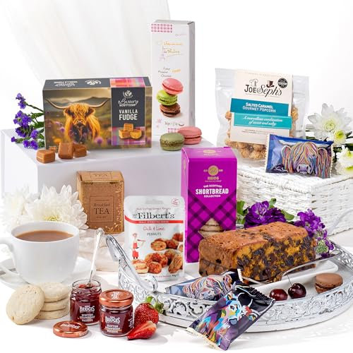 Gourmet Food Gifts, Afternoon Tea Hamper with Genoa Fruit Cake, Fudge, Macarons, Strawberry Jam, Shortbread, Nuts, and Salted Caramel Popcorn, Food Hamper for Family and Friends