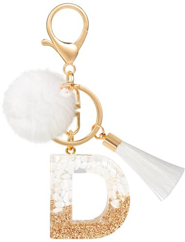 MWOOT Porte Clé Lettre D Peluche Tassel, Initial Résine Personnalisé Keychain Or Blanc, Porte Clef Lettre Pendentif Décoratif, Kawaii Porte Clef Voiture Charm, Idee Cadeau D'Anniversaire pour Femme