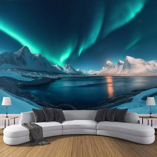 Tapete Fototapete 3D Effekt, Nordlichter Berge Wandbild Wandtapete, Landschaft Wanddekoration Seidenstoff Tapete, Hauptdekorationen Für Wohnzimmer Schlafzimmer, 450X315Cm (B×H)
