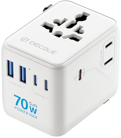 decqle “Pro” Universal Travel Adapter for International Travel -EU UK US AU | GaN 70W, 3 USB-C ＆ 2 USB-A, International Plug Adapter, All in One Portable Adapter, NOT A Voltage Converter (White)
