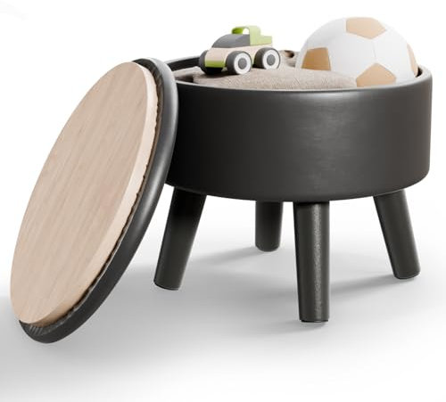 BRIAN & DANY Footstool with Storage, Small Storage Ottoman, Faux Leather Round Stool with Lid, Foot Stool with Legs for Living Room Entryway, Black