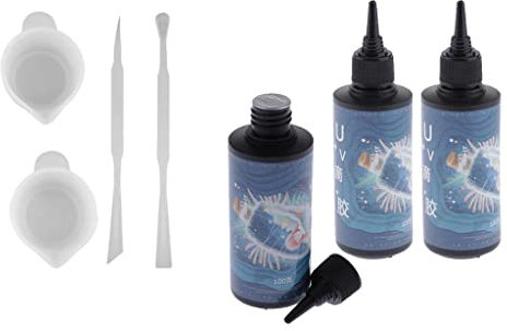 misppro Pegamento epoxi duro de resina UV de 300 g con tazas de mezcla y herramientas para hacer joyas, manualidades y arte de uñas