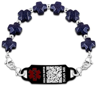 Vivaday QR-Code Medical Alert First Responder ID-Armband | Edelstahl-Doppelsicherheitsverschluss Schwarz Natürlicher Griechisches Kreuz Stein Krankenhaus-Rettungsarmband mit Äskulapstab Lebensrettung