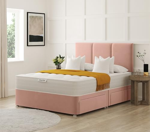COZY HUB LTD Panel Line Plush Velvet Divan Bed with 10 Inch Ortho Tufted Mattress & Headboard – Luxury Divan Set with Drawer Storage Options. (Pink, 4Ft- 2 Drawers)