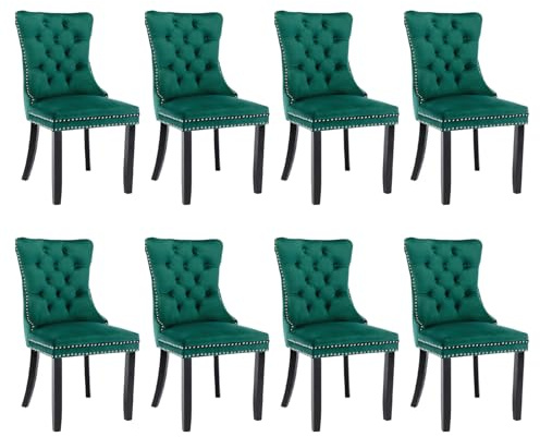 SoarFlash Esszimmerstühle mit gepolstertem Flügelrücken, grün, 8er Set | Weicher Samtbezug, Tufting, Nietenbesatz, Rückenring, Holzbeine. Ideal für Esszimmer, Wohnzimmer, Innendekoration.