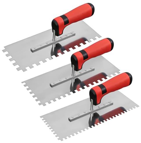 Soft-Grip - Cazzuola dentata per piastrelle, 3 pezzi, 3 mm, impugnatura morbida, design ergonomico, spatola lisciante per lavori di costruzione e ristrutturazione