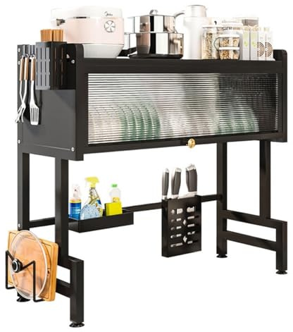 Over the Sink Dishes Drainer Dish Drying Rack with Flip Cover,2 Tier Kitchen Dishes Storage Shelf Utensil Holder with Detergent Rack,Utensil Holder,Cutting Board Rack,Knife Holder,6 Hooks(85x30x80cm)