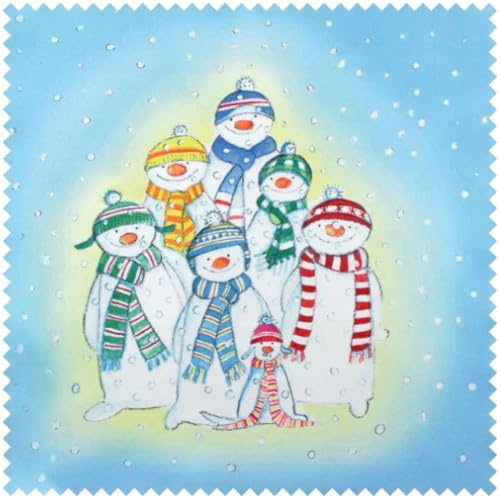 Microfaser Brillenputztuch 20x20 cm – Weihnachts- & Wintermotive – Waschbares Reinigungstuch für Brillen & Displays inkl. Vinyl-Tasche Schneemänner (blau)