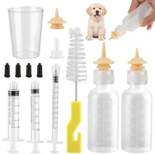 Aufzuchtflasche Katze, 55 ml, Silikon, mit Nippel, 13 Stück, für Hunde | Katzenaufzuchtmilch, mit 3 Futterspritze 1ml/3ml/5ml, 50ml Messbecher, Bürste, für Welpen, Haustiere