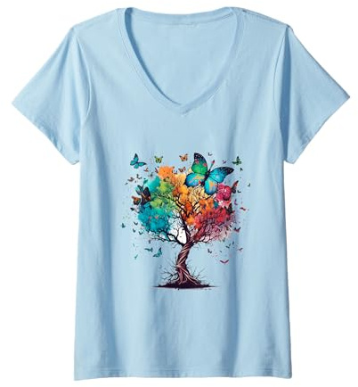 Donna Arcobaleno Farfalla Albero colorato Farfalla Amante Grafica Maglietta con Collo a V