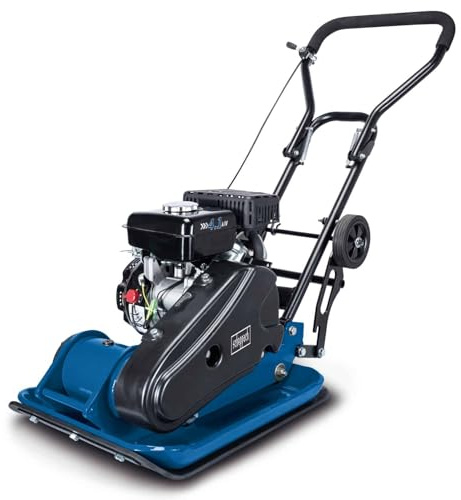 Scheppach Benzin Rüttelplatte HP1100S- 11 kN | 5.5PS | 57 kg | 25cm Verdichtungstiefe | Vorlaufgeschwindigkeit 25 m/min | Plattengröße 530x350 mm | inkl. Fahrvorrichtung & Gummimatte (für Pflaster)