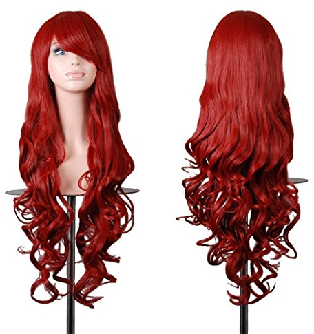 EmaxDesign de las pelucas 80cm calidad de alta largo completo de las mujeres pelo rizado pelo ondulado mechas prueba calor con pelo rulos libre peluca peine(color:rojo oscuro )