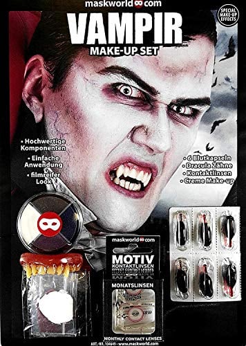 Hochwertiges Halloween Schminke Komplett-Set Vampir mit perfekt abgestimmten Komponenten - Make-Up - Vampirzähne - Kunstblut - Kontaktlinsen
