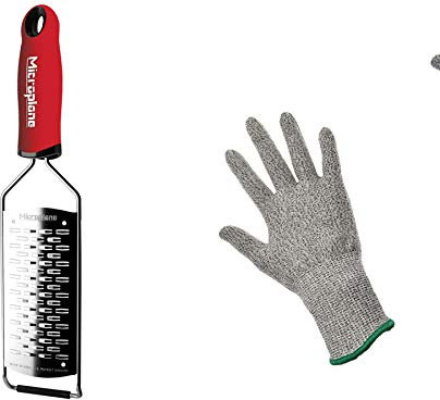 Microplane Gourmet Reibe fein grob sehr grob Sternenklinge Raspel + Prymo Schutzhandschuh Größe 2-Wege-Schneide, Farbe Rot