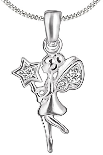 CLEVER SCHMUCK Mädchen Hakskette Anhänger kleine Fee 10 x 20 mm mit Zauberstab und 3 Zirkonia Kette Panzer 42 Sterling Silber 925 im Schmucketui