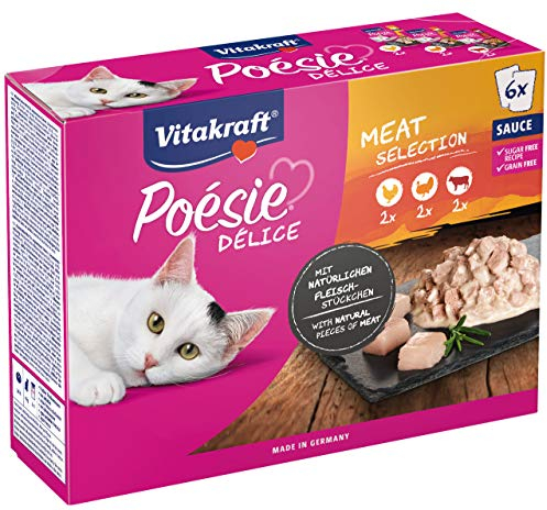 Vitakraft Poésie Délice, Meat Selection, alimento umido gatto, alimento umido gatto in salsa, con pollo, con tacchino, con manzo (1 confezione con 6x 85g)