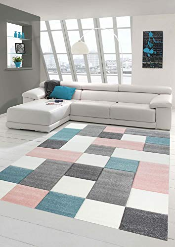 Merinos Wohnzimmer Teppich Design mit Karo Muster in Rosa Grau Türkis Größe 120 cm Rund