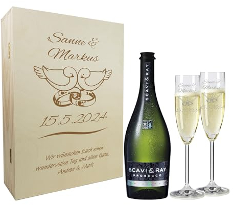 laser-diele Geschenk zur Hochzeit – Sekt Geschenksets – Sektglas mit Gravur – Geschenke für Paare – Sekt – Tauben und Ringe