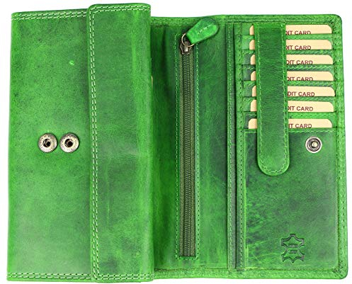 Belli Hochwertige große Vintage Leder Damen Geldbörse Portemonnaie Portmonee Frauen Geldbeutel aus weichem Leder mit extra vielen Fächern - 17,5x10x4cm (B x H x T) (Grün)