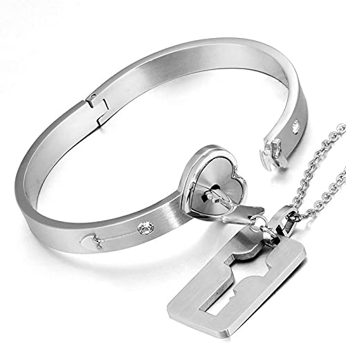 Flongo Paar Schmuck Set Schlossarmbänder und Schlüsselketten Schmuck für Paare Armbänder und Halsketten aus Edelstahl Gepaarte Schlüssel und Schlösser Liebesbeweis Liebhaber Geschenk