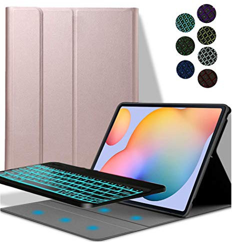 YGoal Teclado Funda para Galaxy Tab A7 10.4, [Teclado Español Ñ] 7 Colors Backlit PU Cuero Funda con Desmontable Wireless Teclado para Samsung Galaxy Tab A7 10.4 2020 SM-T500, Rosa Oro