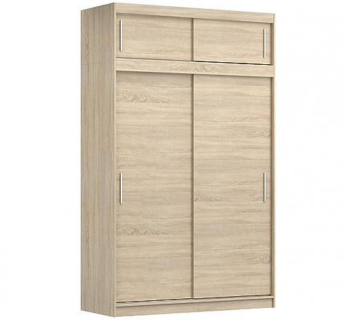 Kleiderschrank Schwebetürenschrank 2-türig Schrank mit zusätzlichen Stauraum (Schrankaufsatz) vielen Einlegeböden und Kleiderstange Gaderobe Schiebtüren BxHxT 150x245x61 - Lara 04 (Sonoma + Sonoma)