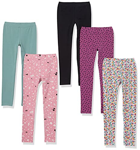 Amazon Essentials Legging Fille, Lot de 5, Blanc Jaune Floral/Noir/Rose Fleurs/Vert Turquoise/Violet Points, 6-7 Ans