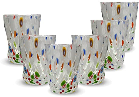 Gocce di Murano Juego de 6 vasos Goto de cristal de Murano soplado de 300 ml, elaborados a mano de colores Paquete de 6 copas para agua elegantes y preciosos, fabricado en Italia (blanco, 6)
