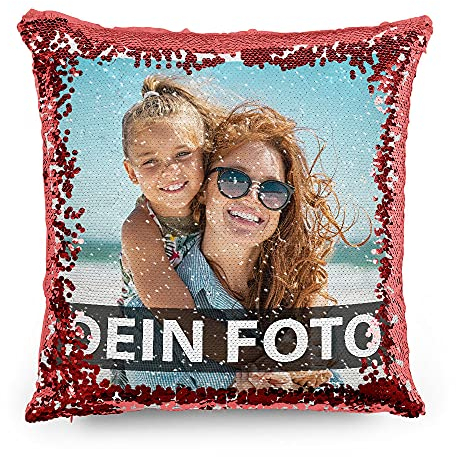 PR Print Royal Foto-Kissen selbst gestalten - Bedruckte rote Wendepailletten, individuell mit Foto und Text I Personalisiertes Geschenk, Deko-Kissen mit Füllung, 40 x 40cm