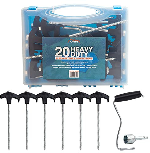 Andes Screw In Threaded Heavy Duty Tent & Awning Ground Pegs, Strong Drill In Camping Rock Pegs, 13mm Bolt Head Socket & Peg Remover Included, (pack of 20)