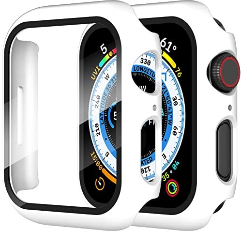 Diruite 2 Pezzi Cover per Apple Watch Series 9/8/7 41mm Vetro Temperato Pellicola Protettiva,PC Rigido Case Protettiva Ultrasottil Custodia,Bianco,41mm