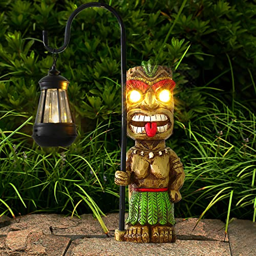 MIBUNG Estatua de jardín Tiki de 16.7 pulgadas de alto, figura de linterna grande con luces solares, hombre Tiki hawaiano al aire libre, patio, césped, bar, fiesta, playa, piscina, estanque, Halloween