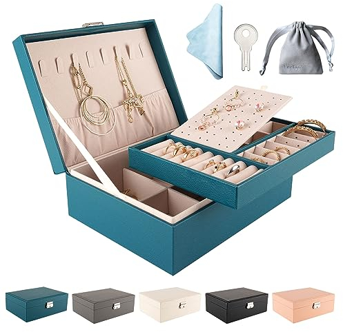 LeeFyy Portagioie Organizzatore per Donne Ragazze, 2 Strati organizer gioielli, Pelle PU Grande Portagioielli con Appendini per Collane & Scomparto Rimovibile per Collane Orecchini Anelli Bracciali