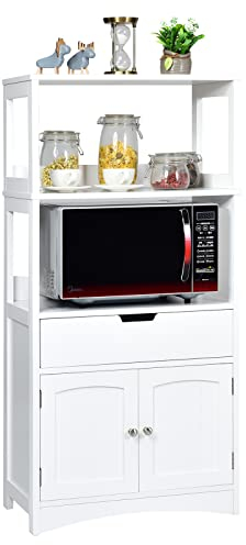 Multigot Kitchen Cupboard, Freestanding Wooden Floor Storage Cabinet with 3 Open Shelves, 1 Drawer and 2 Doors, Bathroom Hallway Storage Organizer Unit (White)