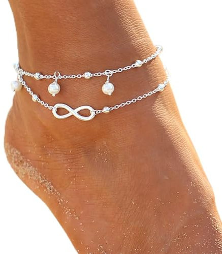 Chaioe Boho Double Anklets Silver Forever Anklet Chain Pearl Beaded Anklet Bracelet for Women and Girls
