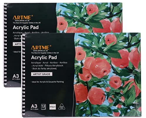 ARTME A3 Acrylblock (2 Stück) - 12 Blatt, 400 g/m², extra schwer, kaltgepresst, säurefrei, Premium-Qualität, Zeichenblock, Skizzenbuch, Acryl- und Gouache-Malerei (A3, 2 Stück)
