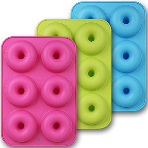 homEdge Silikon-Donut-Formen, 3 Stück, antihaftbeschichtet, lebensmittelechtes Silikon, zum Backen von Donuts, Grün, Rosa, Blau