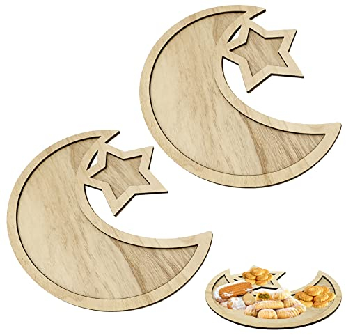 Gukasxi 2 Stück Ramadan Hölzernes Tablett Ramadan Eid Mubarak Tabletts dekorative hölzerne Mond Stern Geschirr Eid Mubarak Party Servieren Geschirr Serving Geschirr Decor Ramadan Mubarak Ornamente