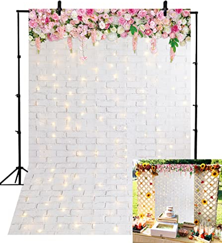 BINQOO Fotografie-Hintergrund mit Frühlingsmotiv, glitzernd, weiße Ziegelsteinmauer, Blumen, Hintergrund für Valentinstag, Muttertag, Hochzeit, Brautp