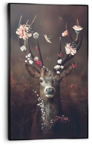 REINDERS Gerahmtes Bild, Hirsch mit Blumengeweih, Wohnzimmer, Bilder, Wanddeko, Room Decor, MDF, Braun, 118x70cm