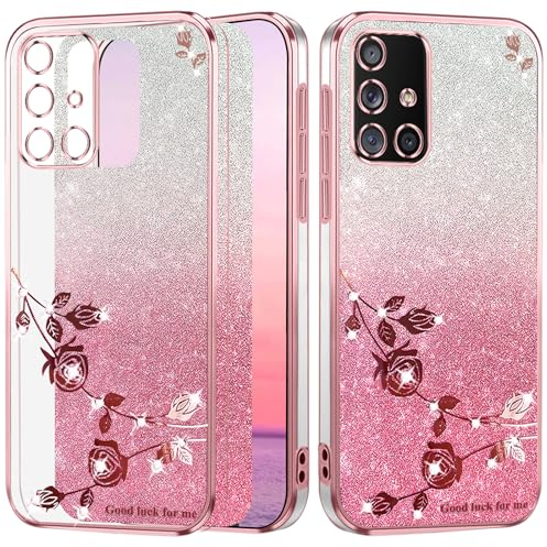 Yarxiawin Kompatibel mit Samsung Galaxy A51 5G hülle Silikon Glitzer Blumen Muster Aesthetic Clear Case, Handyhülle Samsung A51 5G hülle Glitzer Schutzhülle Transparent Motiv Cover (Rosa)