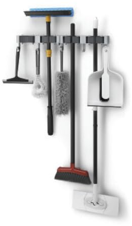 Metaltex Hang-Up 4 - Mop and Broom Holder Wall Mounted, or Tool Rack - Dusters Dust Pan & Brush Holder with 3 Hooks - Durable PS Plastic and Silicone Grip - Includes Fixing Accessories, 2 Set