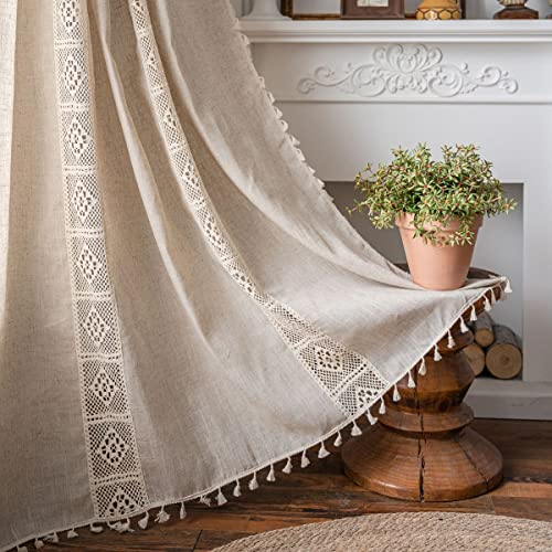 Sedefen Boho Beige Vorhänge Landhausstil Baumwolle Leinen Gardinen Stickerei Halbtransparente Spitze Leinenoptik Gardinen mit Quaste Verdunkelungvorhang Wohnzimmer Schlafzimmer,(B)150x160cm(H),2er set