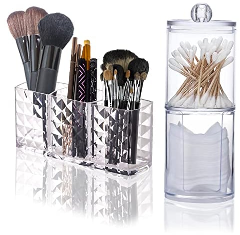 3 Fächern Kosmetik Organizer, Glas Wattestäbchen Behälter, Schminke Aufbewahrung Pinselhalter Make Up Organizer & Wattestäbchen Behälter für Badezimmer Schminktisch Organizer Set