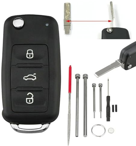 Vailikey Coque de clé à rabat pour Volkswagen Transporter avec outils de retrait de goupille Lime aiguille pour VW T4 T5 T6 Amarok Polo Golf Coque de clé de voiture lame vierge (3 boutons)