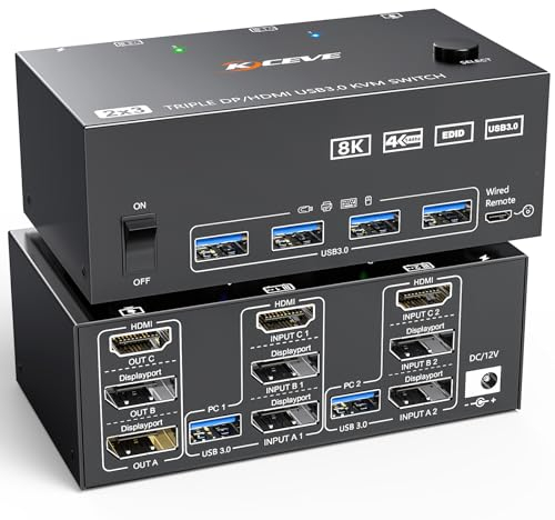 Commutateur KVM 3 moniteurs 2 ordinateurs 8K@60Hz 4K@144Hz, HDMI + 2 Displayport KVM Switch triple moniteur pour 2 ordinateurs partagés 3 moniteurs et 4 appareils USB 3.0, télécommande filaire inclus